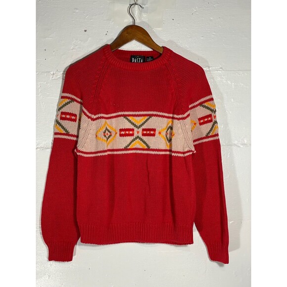 Vintage Red Knit Sweater Geometric Aztec Print Pullover 80s 90s Size Medium - Picture 2 of 11